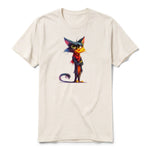 A vintage-white short-sleeve crewneck t-shirt for adult featuring a graphic of a cat on the front.