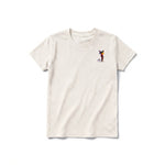 A vintage-white short-sleeve crewneck t-shirt for youth featuring a graphic of a cat on the left chest.
