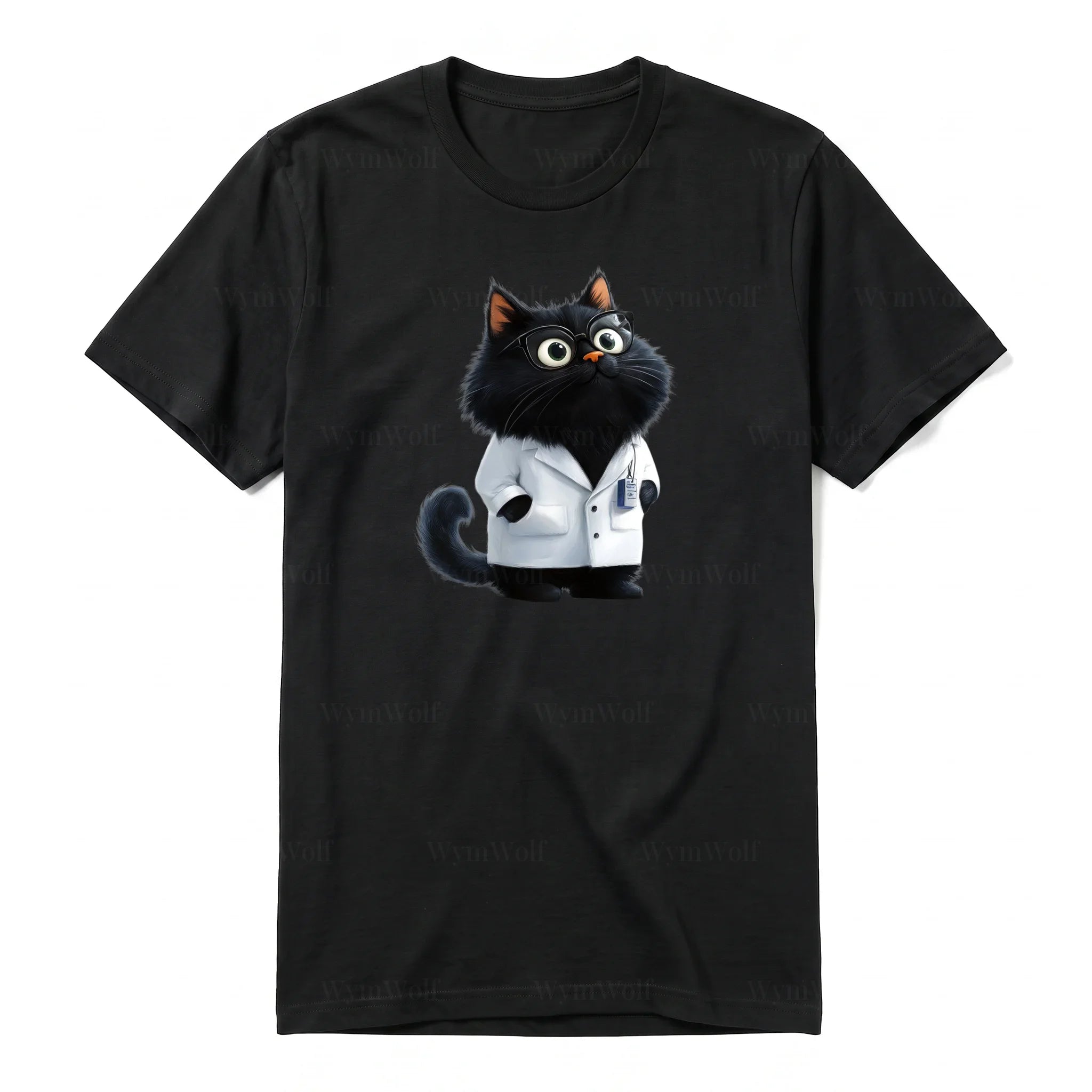 A black short-sleeve crewneck t-shirt for adult featuring a graphic of a cat on the front.