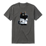 A charcoal short-sleeve crewneck t-shirt for adult featuring a graphic of a cat on the front.