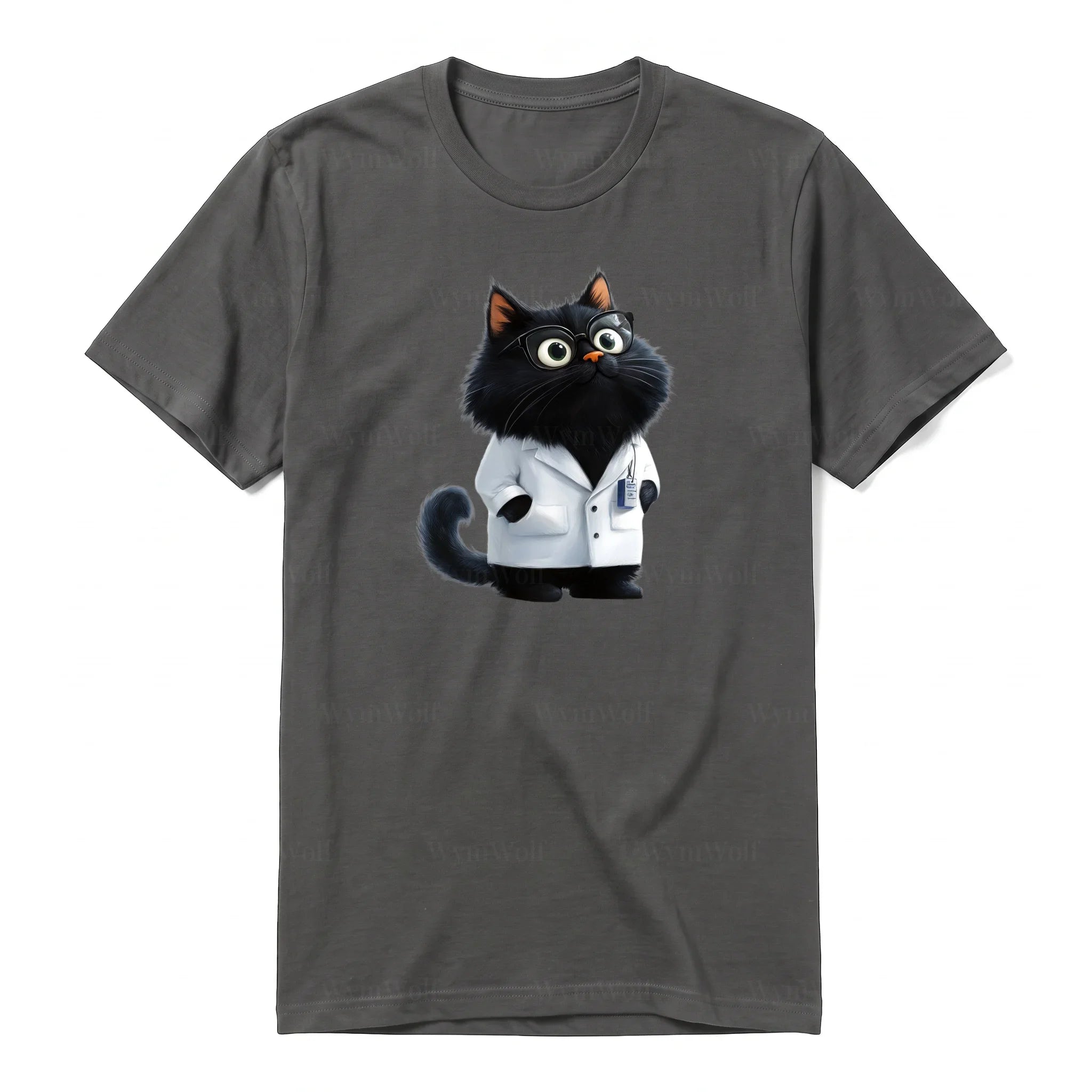 A charcoal short-sleeve crewneck t-shirt for adult featuring a graphic of a cat on the front.