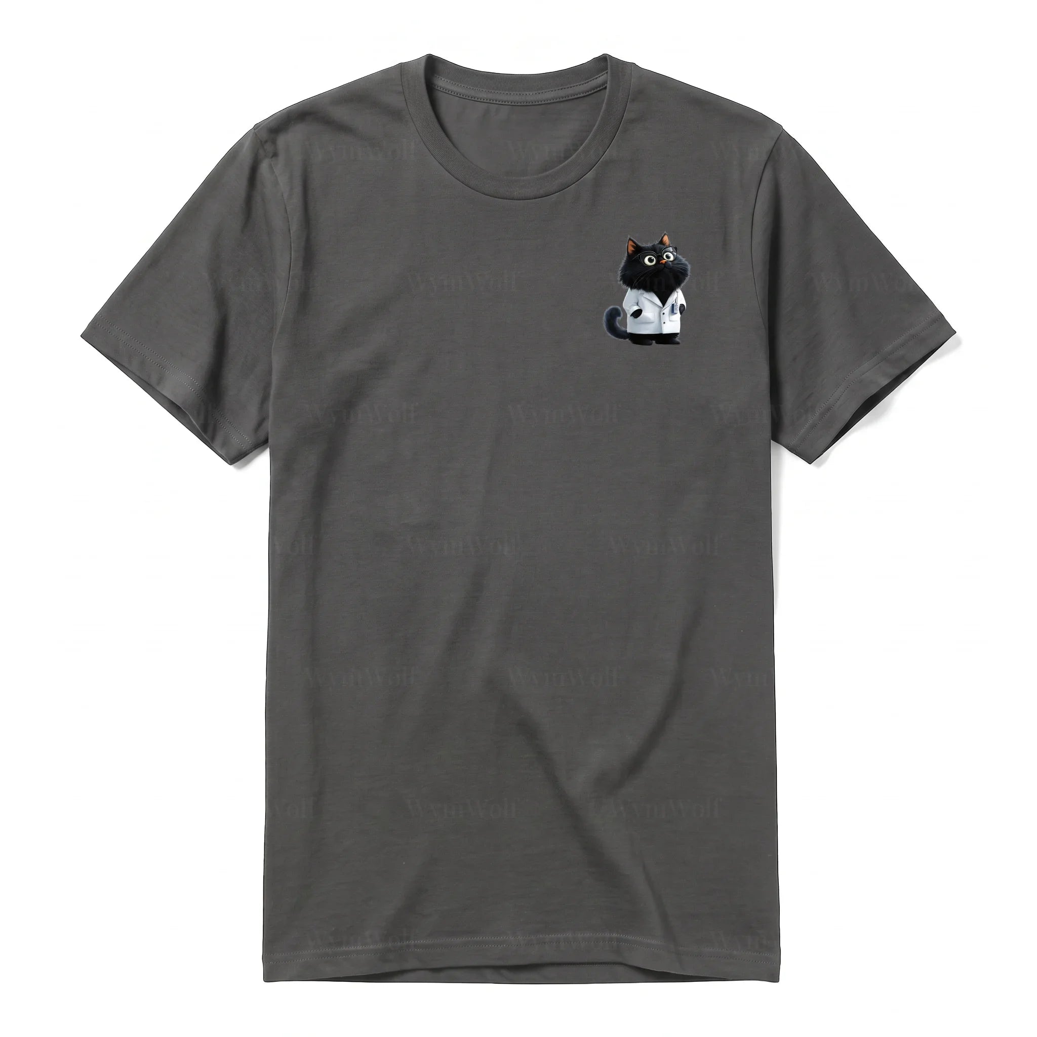 A charcoal short-sleeve crewneck t-shirt for adult featuring a graphic of a cat on the left chest.