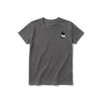 A charcoal short-sleeve crewneck t-shirt for youth featuring a graphic of a cat on the left chest.