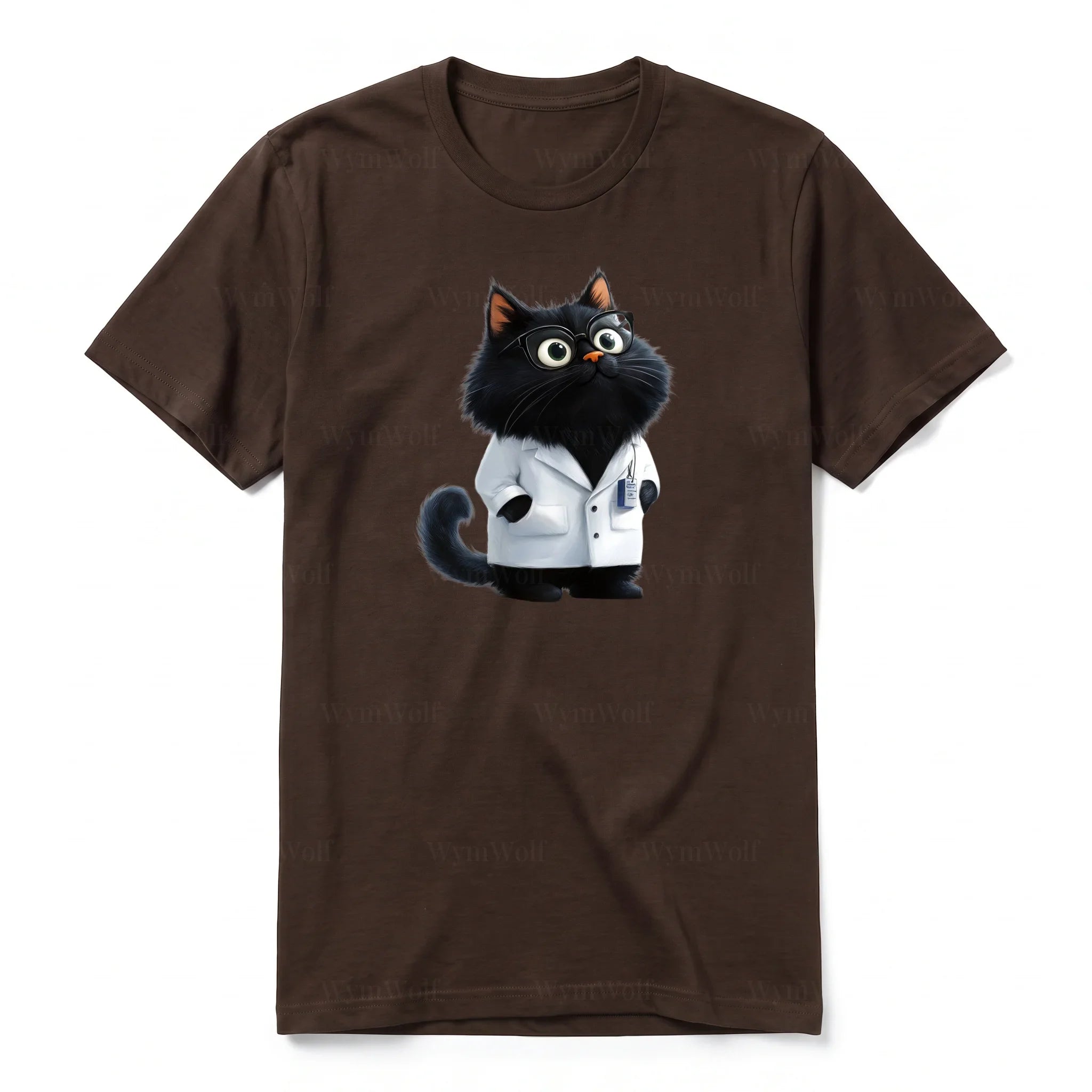 A chocolate short-sleeve crewneck t-shirt for adult featuring a graphic of a cat on the front.