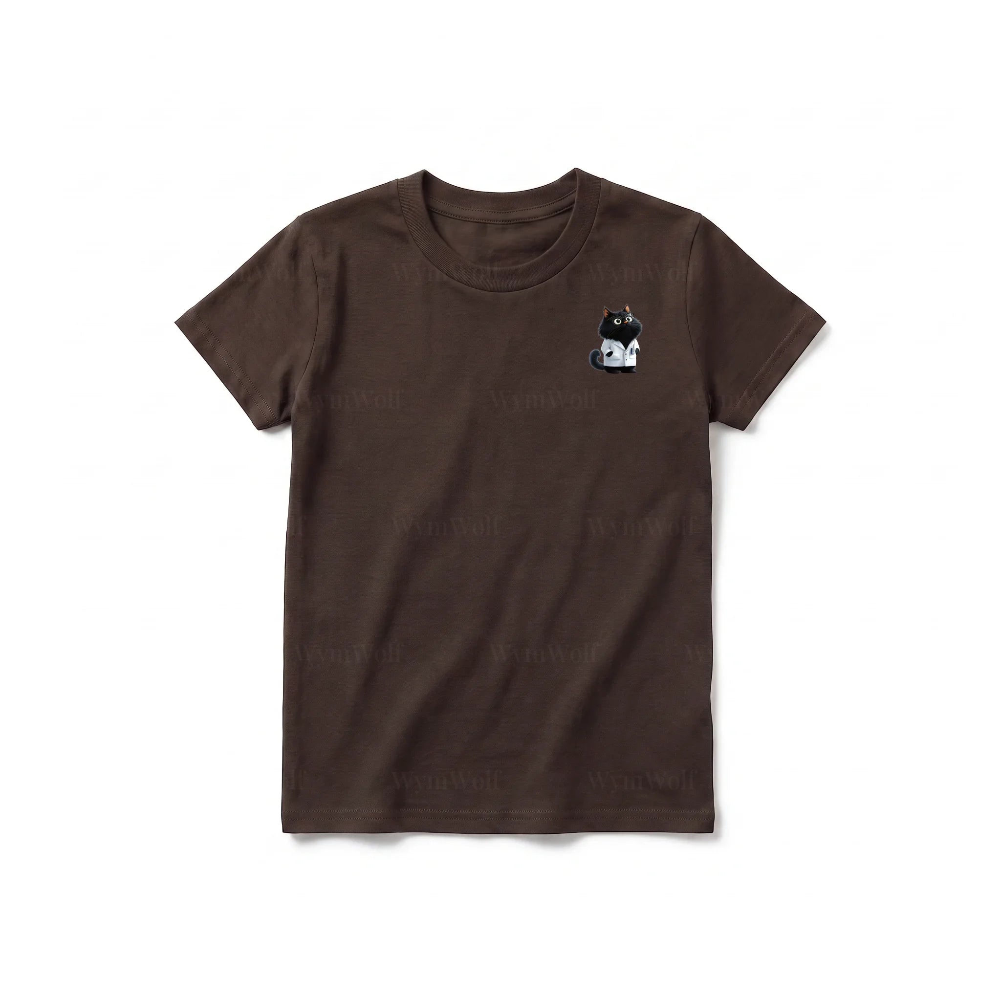 A chocolate short-sleeve crewneck t-shirt for youth featuring a graphic of a cat on the left chest.