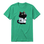 A kelly short-sleeve crewneck t-shirt for adult featuring a graphic of a cat on the front.