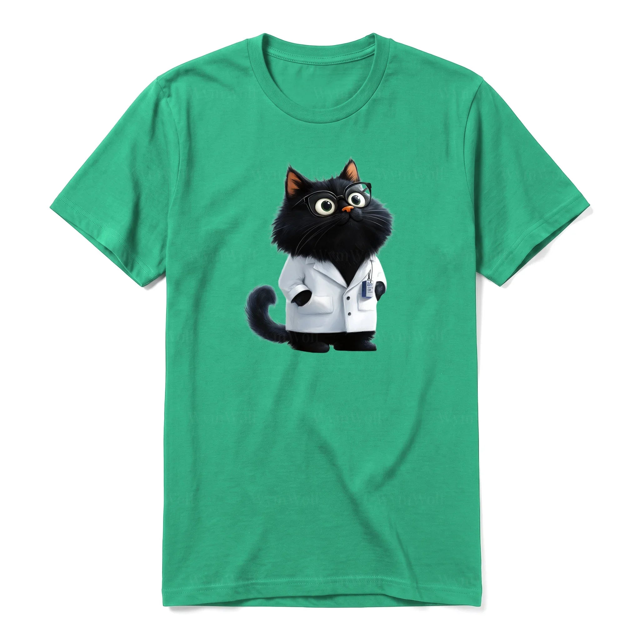 A kelly short-sleeve crewneck t-shirt for adult featuring a graphic of a cat on the front.