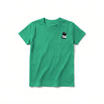 A kelly short-sleeve crewneck t-shirt for youth featuring a graphic of a cat on the left chest.
