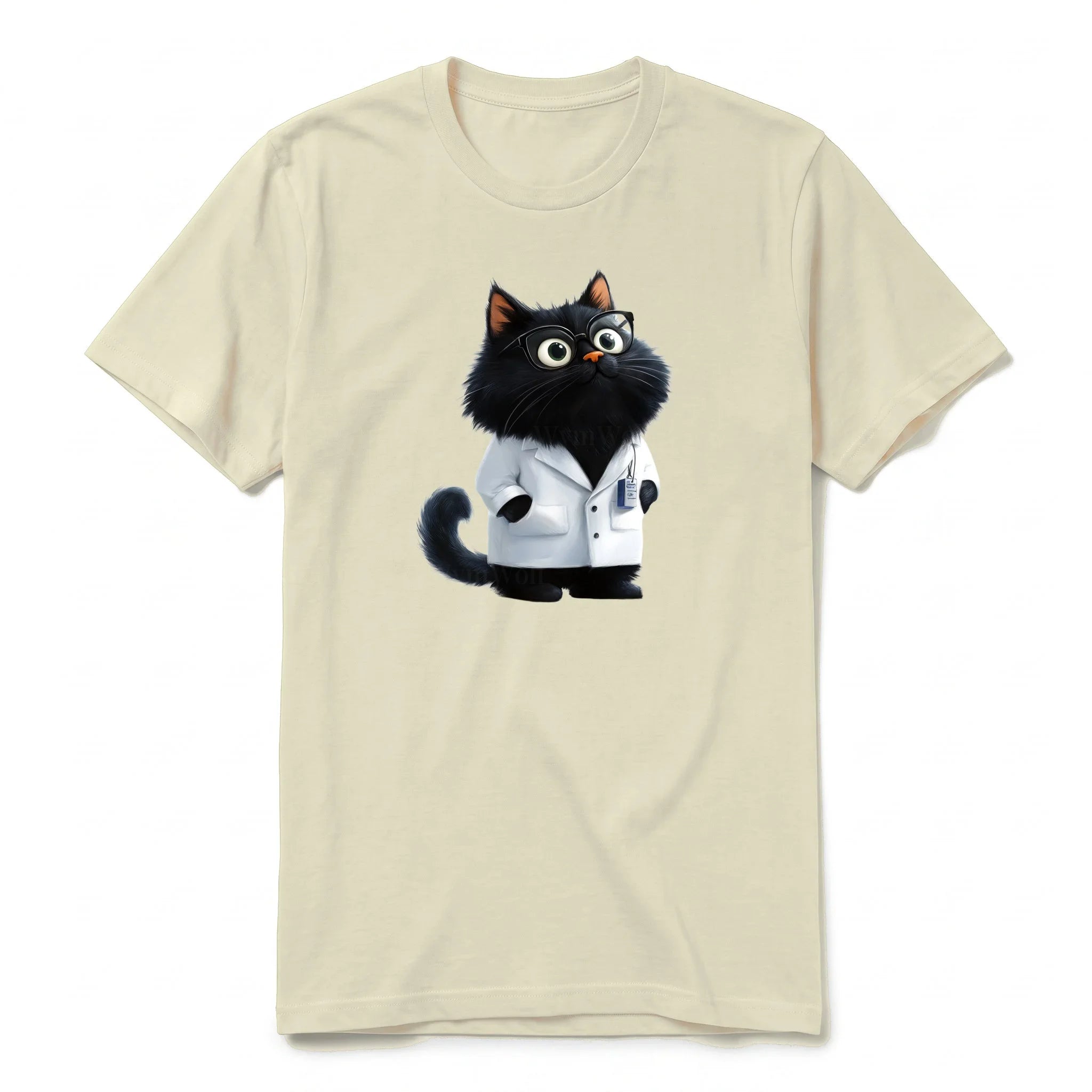 A latte short-sleeve crewneck t-shirt for adult featuring a graphic of a cat on the front.