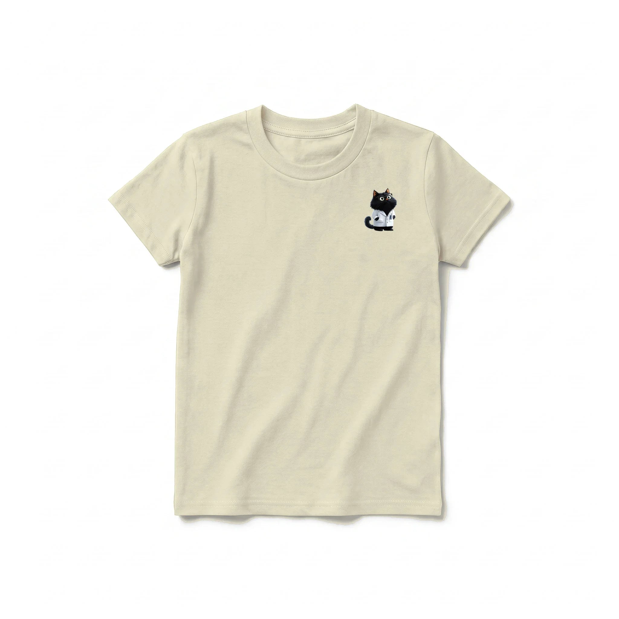 A latte short-sleeve crewneck t-shirt for youth featuring a graphic of a cat on the left chest.