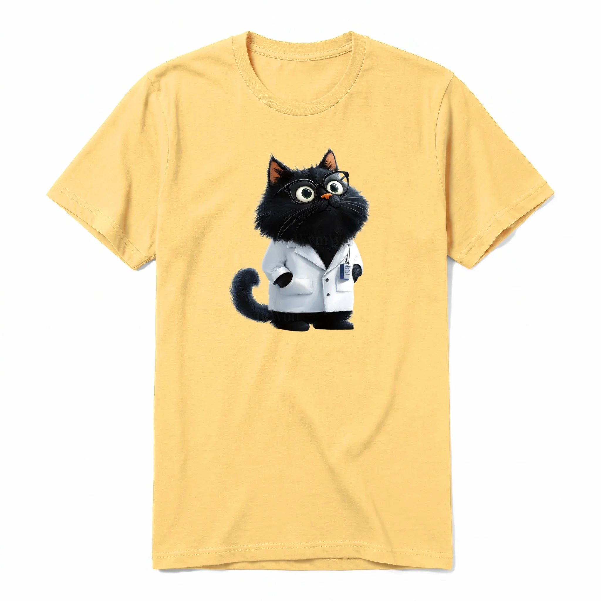 A mustard short-sleeve crewneck t-shirt for adult featuring a graphic of a cat on the front.