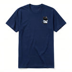 A navy short-sleeve crewneck t-shirt for adult featuring a graphic of a cat on the left chest.