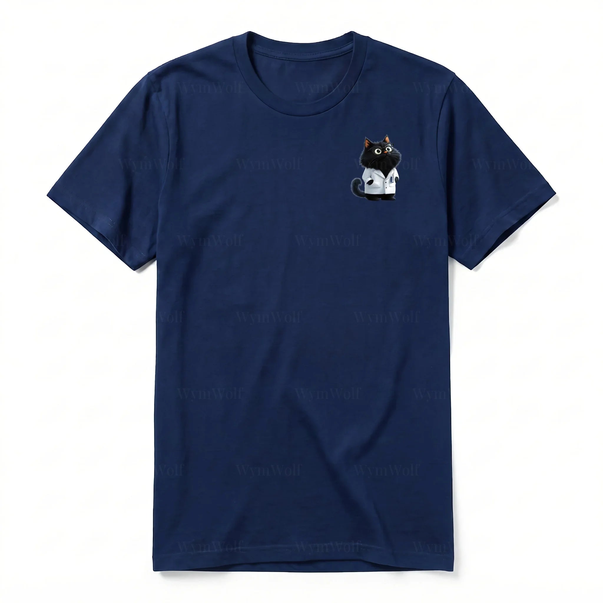 A navy short-sleeve crewneck t-shirt for adult featuring a graphic of a cat on the left chest.