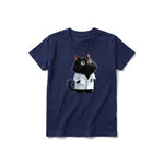 A navy short-sleeve crewneck t-shirt for youth featuring a graphic of a cat on the front.