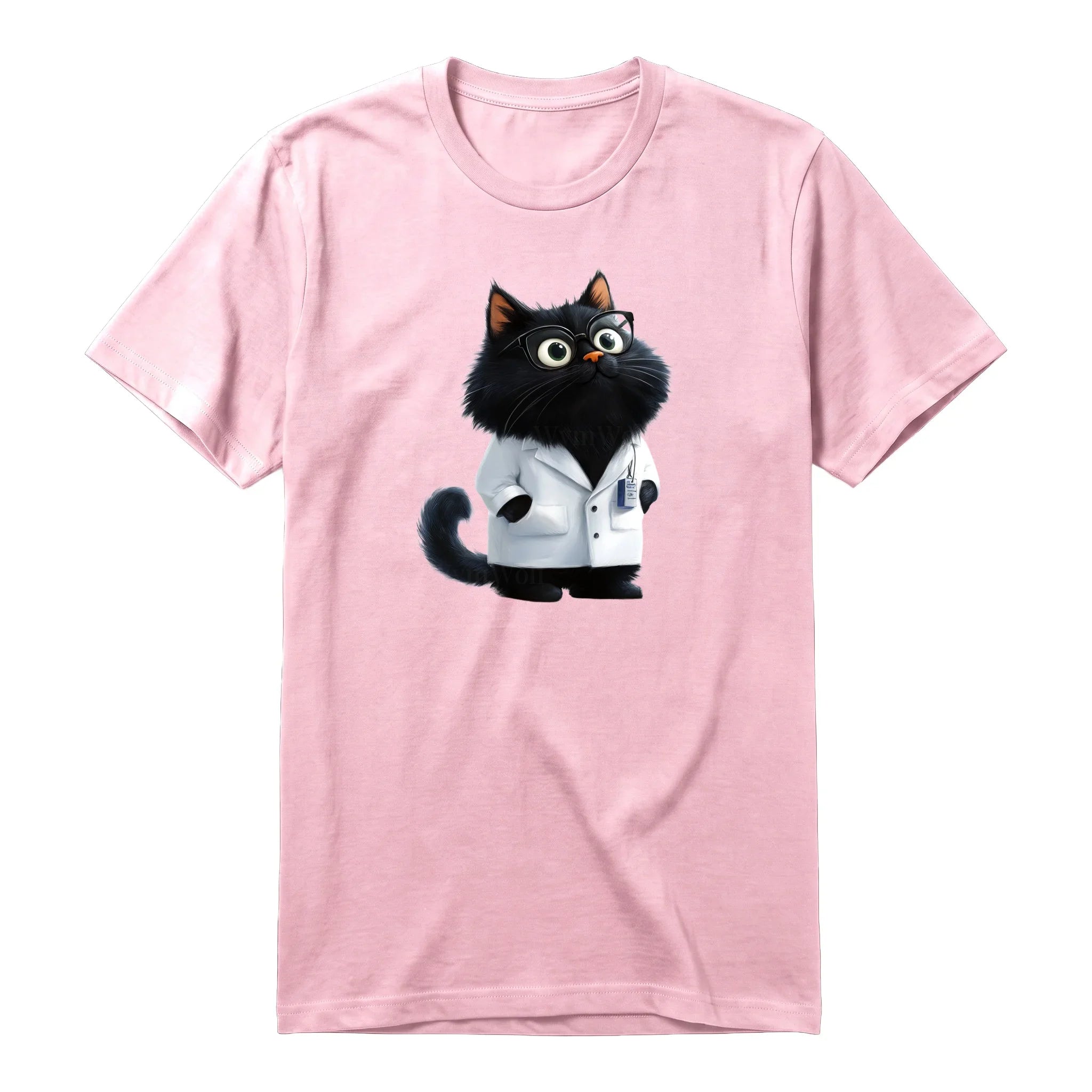 A pink short-sleeve crewneck t-shirt for adult featuring a graphic of a cat on the front.