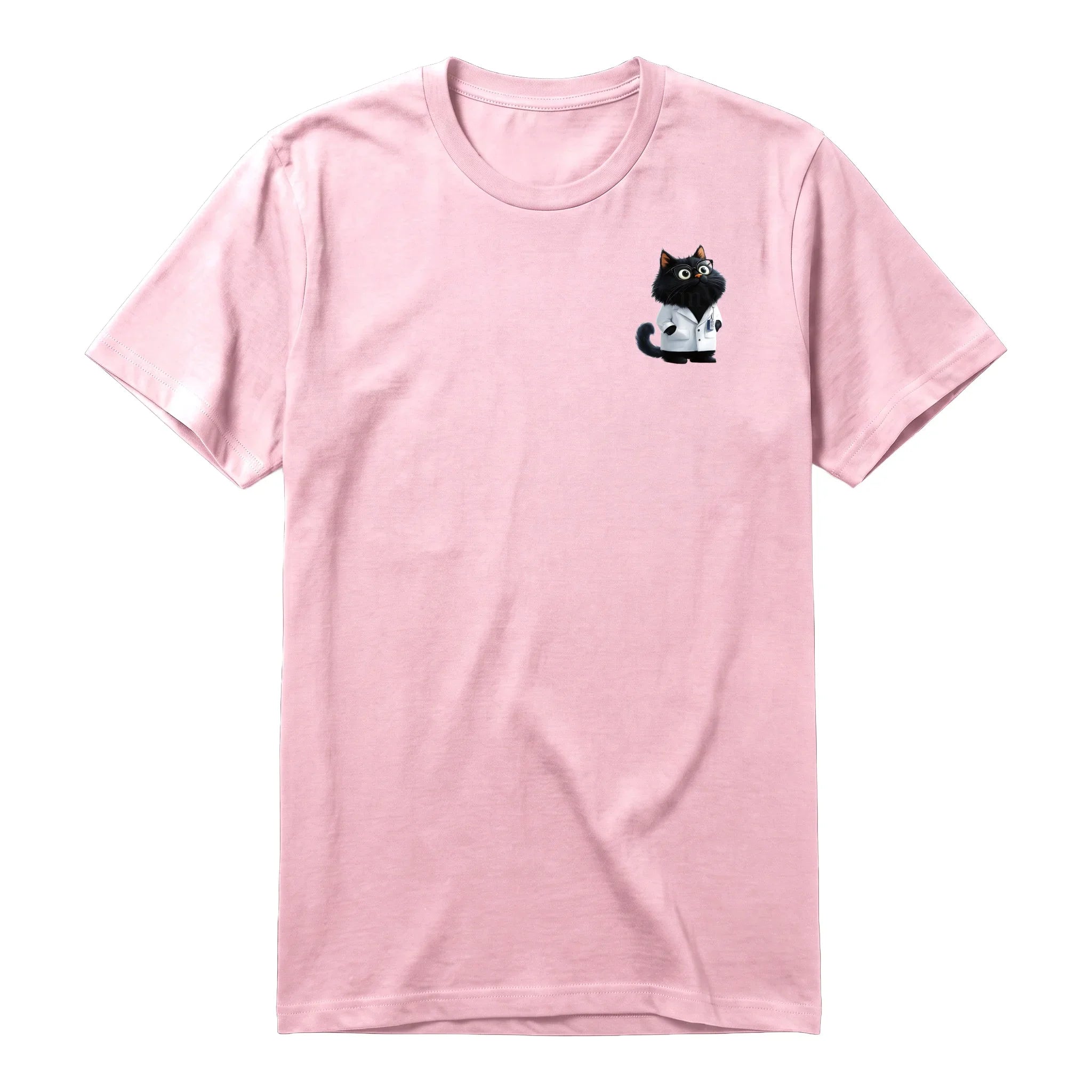 A pink short-sleeve crewneck t-shirt for adult featuring a graphic of a cat on the left chest.