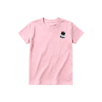 A pink short-sleeve crewneck t-shirt for youth featuring a graphic of a cat on the left chest.
