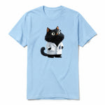A powder short-sleeve crewneck t-shirt for adult featuring a graphic of a cat on the front.