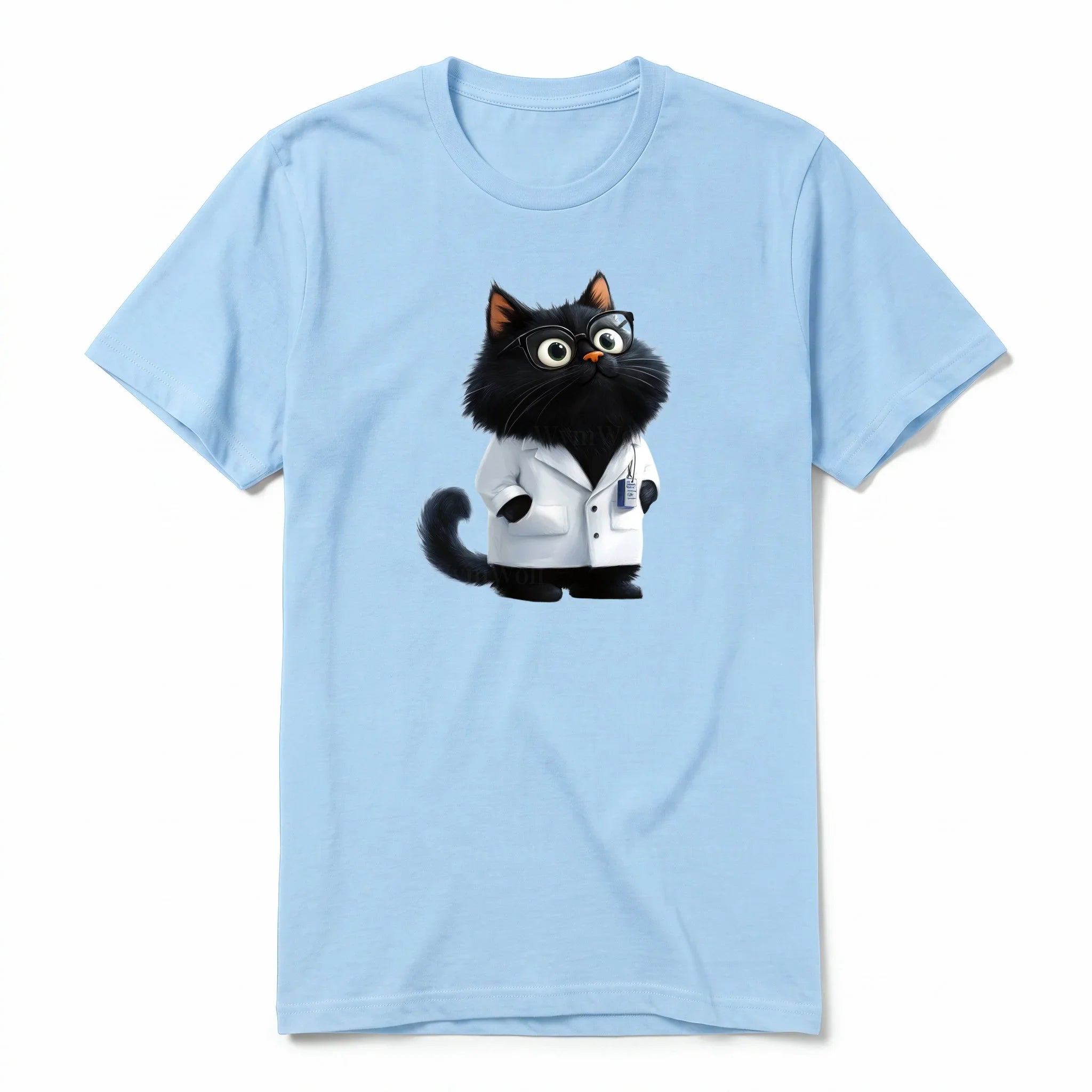 A powder short-sleeve crewneck t-shirt for adult featuring a graphic of a cat on the front.