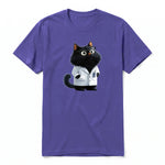 A purple short-sleeve crewneck t-shirt for adult featuring a graphic of a cat on the front.