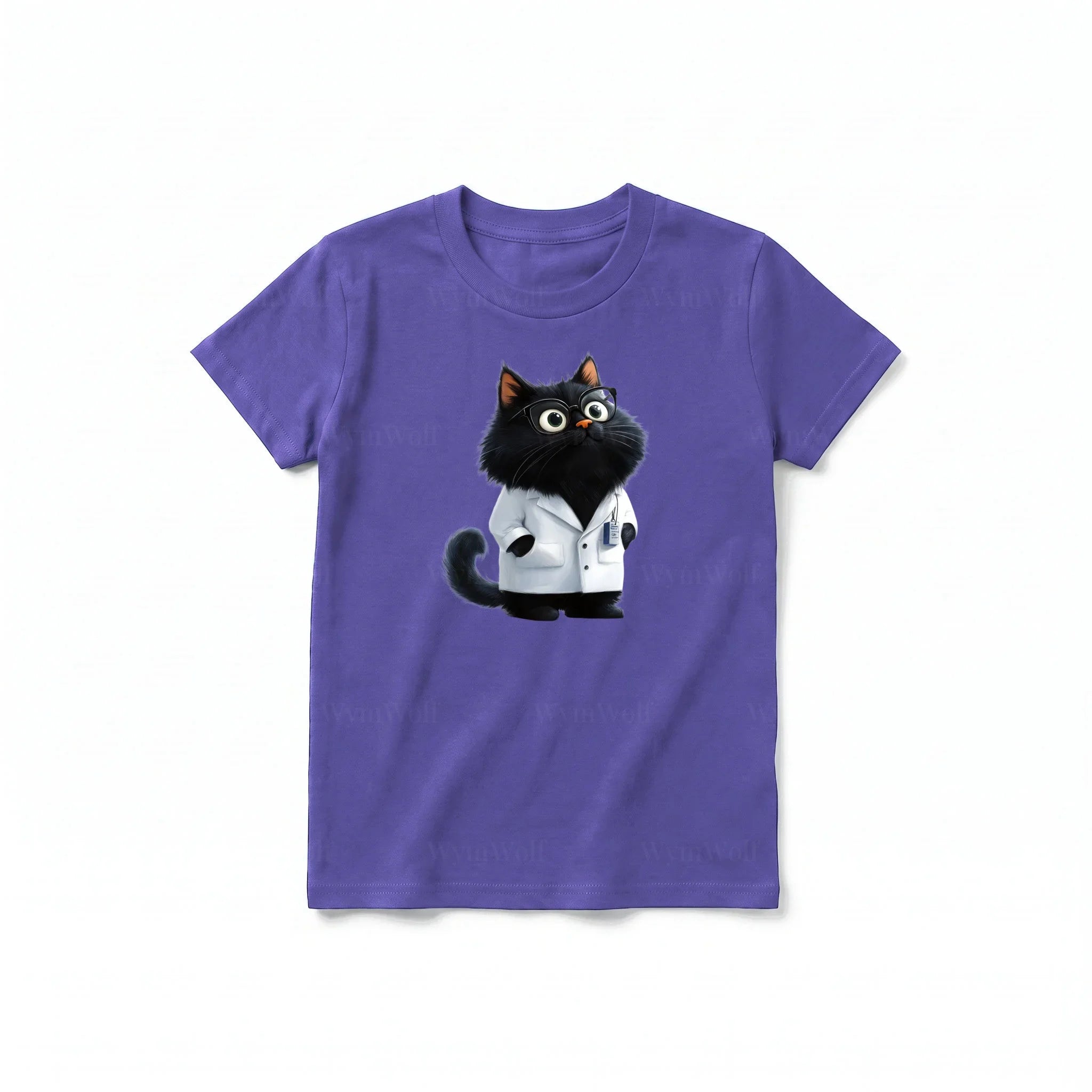 A purple short-sleeve crewneck t-shirt for youth featuring a graphic of a cat on the front.