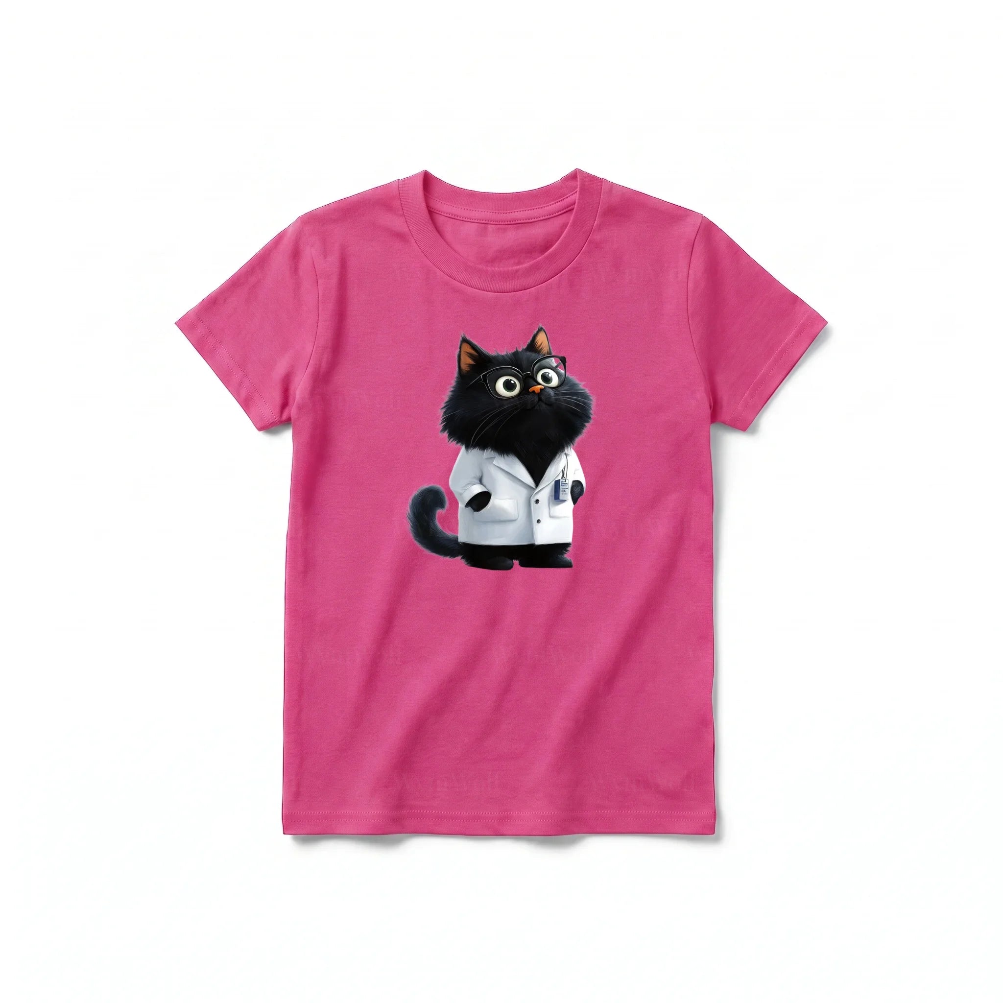 A raspberry short-sleeve crewneck t-shirt for youth featuring a graphic of a cat on the front.