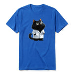 A royal short-sleeve crewneck t-shirt for adult featuring a graphic of a cat on the front.