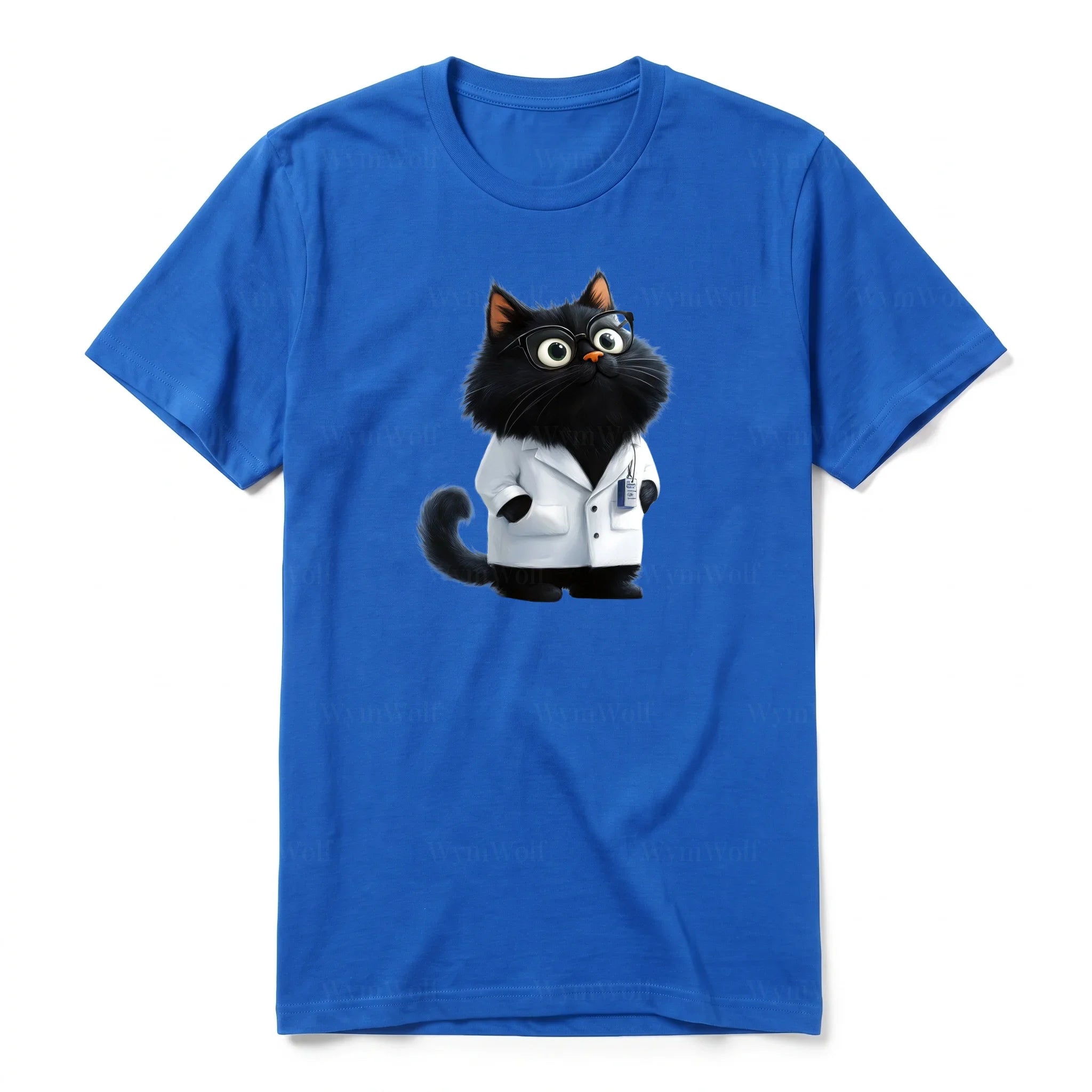 A royal short-sleeve crewneck t-shirt for adult featuring a graphic of a cat on the front.