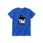 A royal short-sleeve crewneck t-shirt for youth featuring a graphic of a cat on the front.