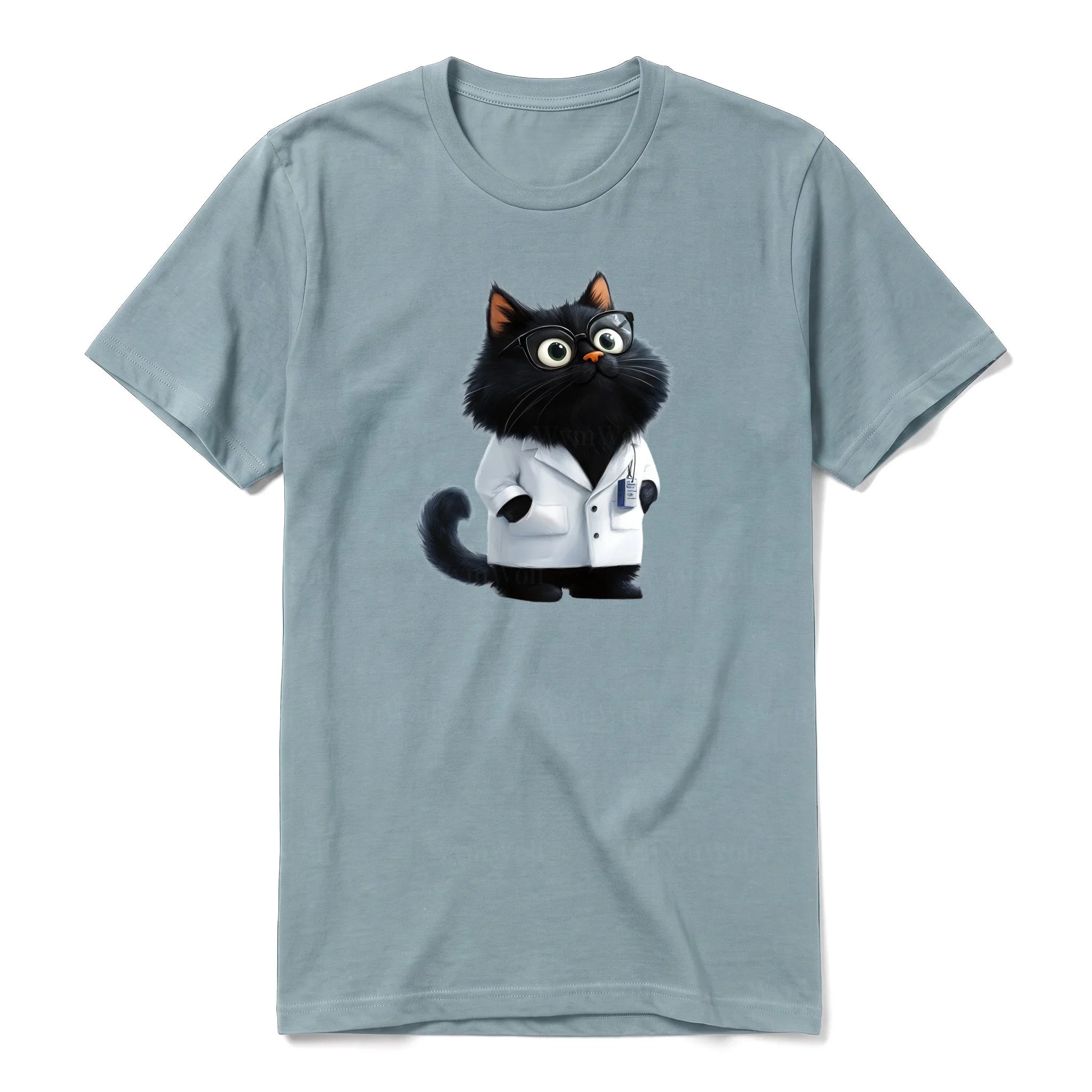A sage short-sleeve crewneck t-shirt for adult featuring a graphic of a cat on the front.
