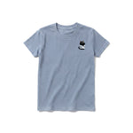 A steel-blue short-sleeve crewneck t-shirt for youth featuring a graphic of a cat on the left chest.