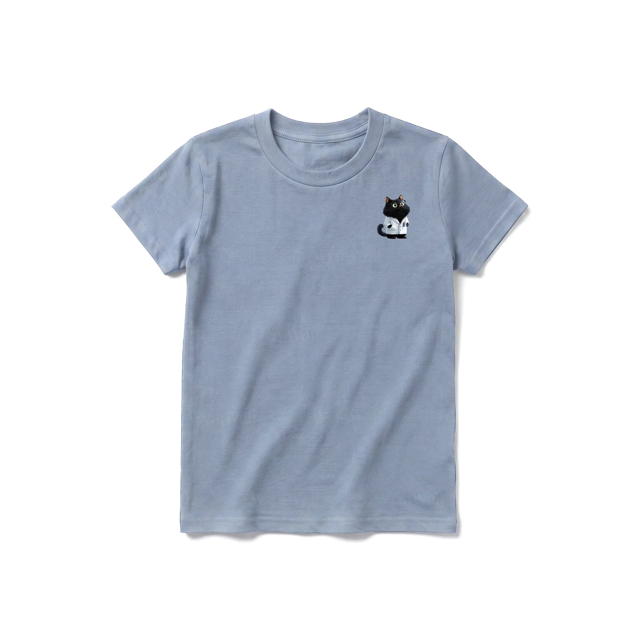 A steel-blue short-sleeve crewneck t-shirt for youth featuring a graphic of a cat on the left chest.