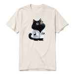 A vintage-white short-sleeve crewneck t-shirt for adult featuring a graphic of a cat on the front.