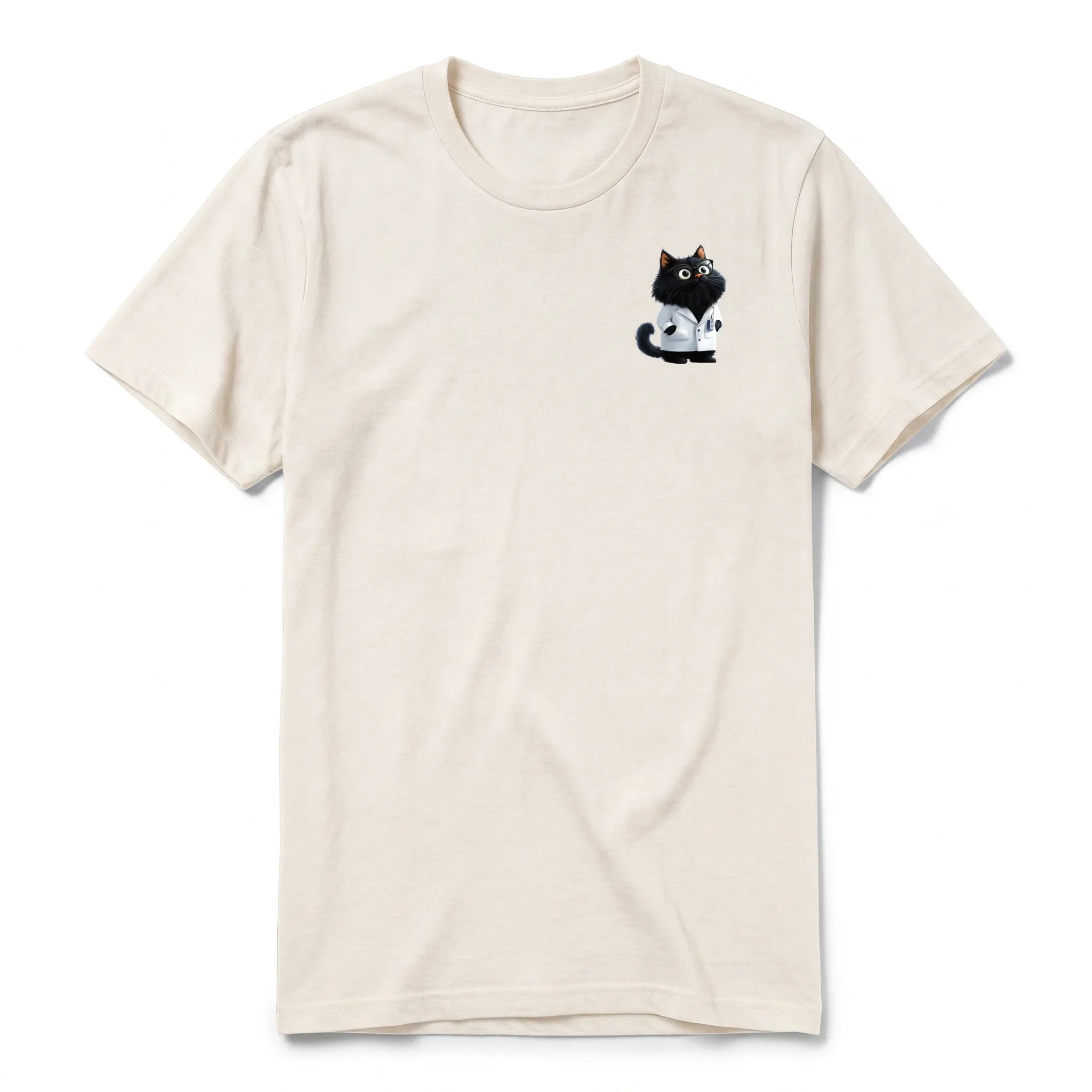 A vintage-white short-sleeve crewneck t-shirt for adult featuring a graphic of a cat on the left chest.