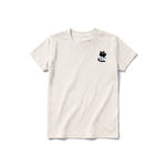 A vintage-white short-sleeve crewneck t-shirt for youth featuring a graphic of a cat on the left chest.