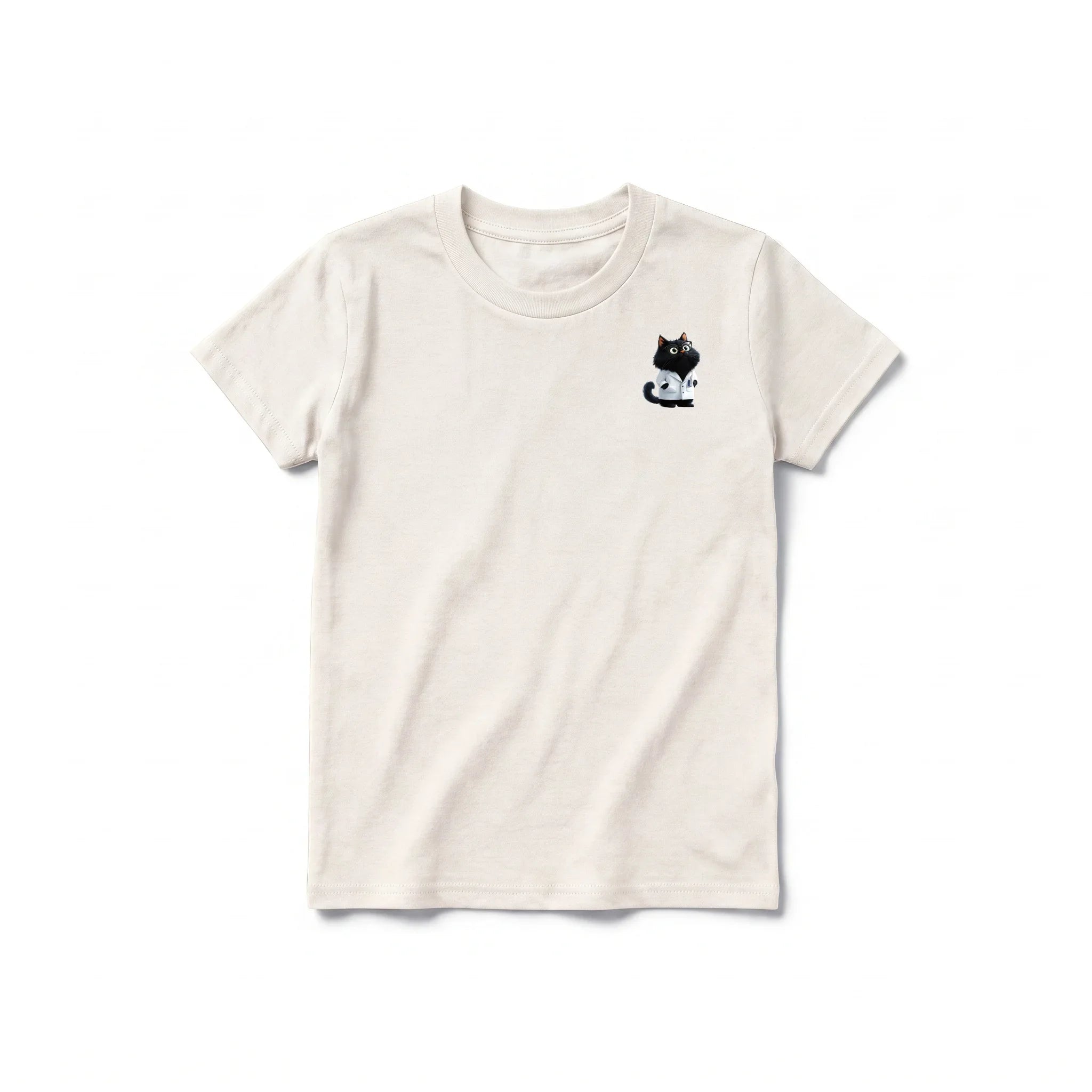 A vintage-white short-sleeve crewneck t-shirt for youth featuring a graphic of a cat on the left chest.