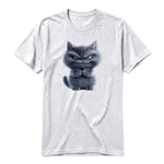 A ash grey short-sleeve crewneck t-shirt for adult featuring a graphic of a cat on the front.