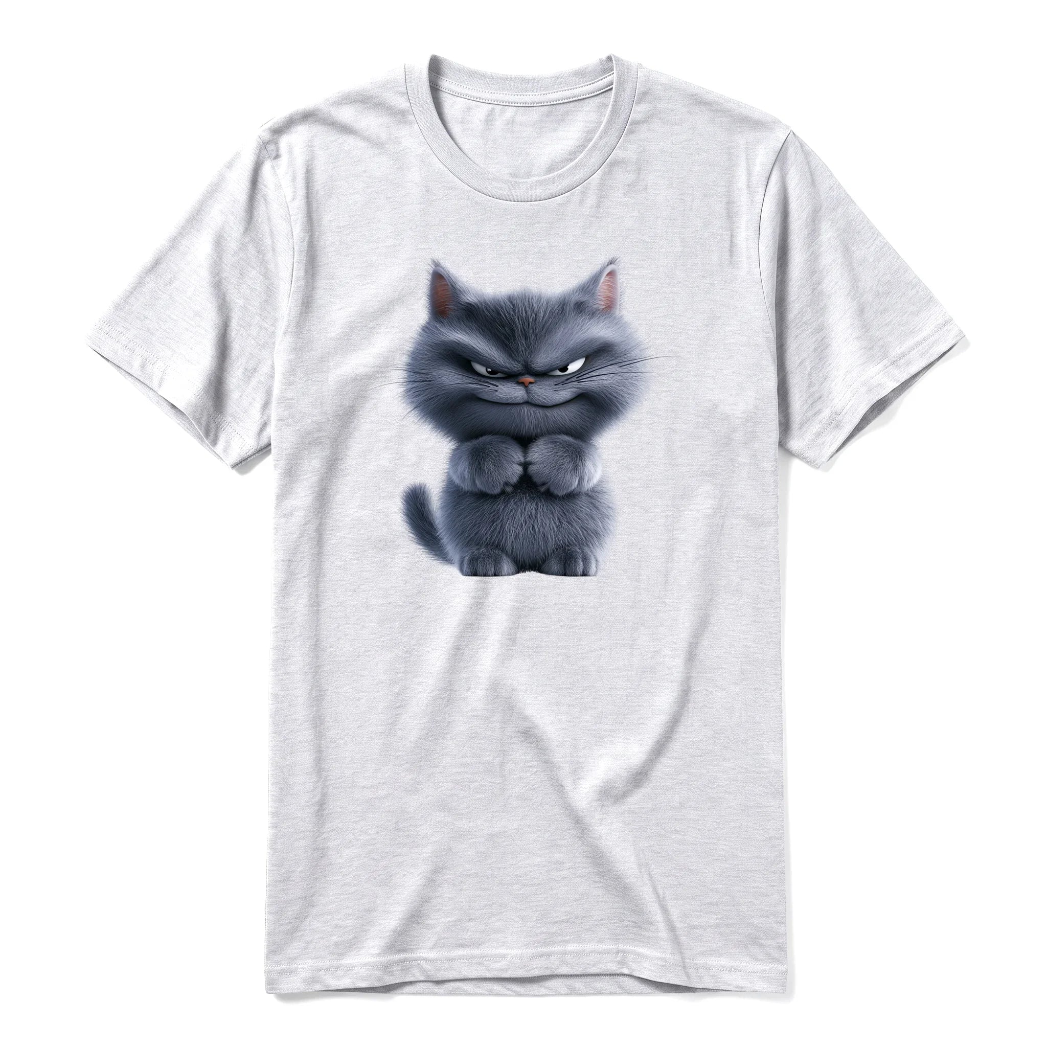 A ash grey short-sleeve crewneck t-shirt for adult featuring a graphic of a cat on the front.