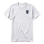 A ash grey short-sleeve crewneck t-shirt for adult featuring a graphic of a cat on the left chest.