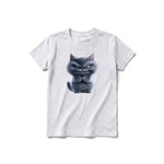 A ash grey short-sleeve crewneck t-shirt for youth featuring a graphic of a cat on the front.