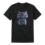 A black short-sleeve crewneck t-shirt for adult featuring a graphic of a cat on the front.