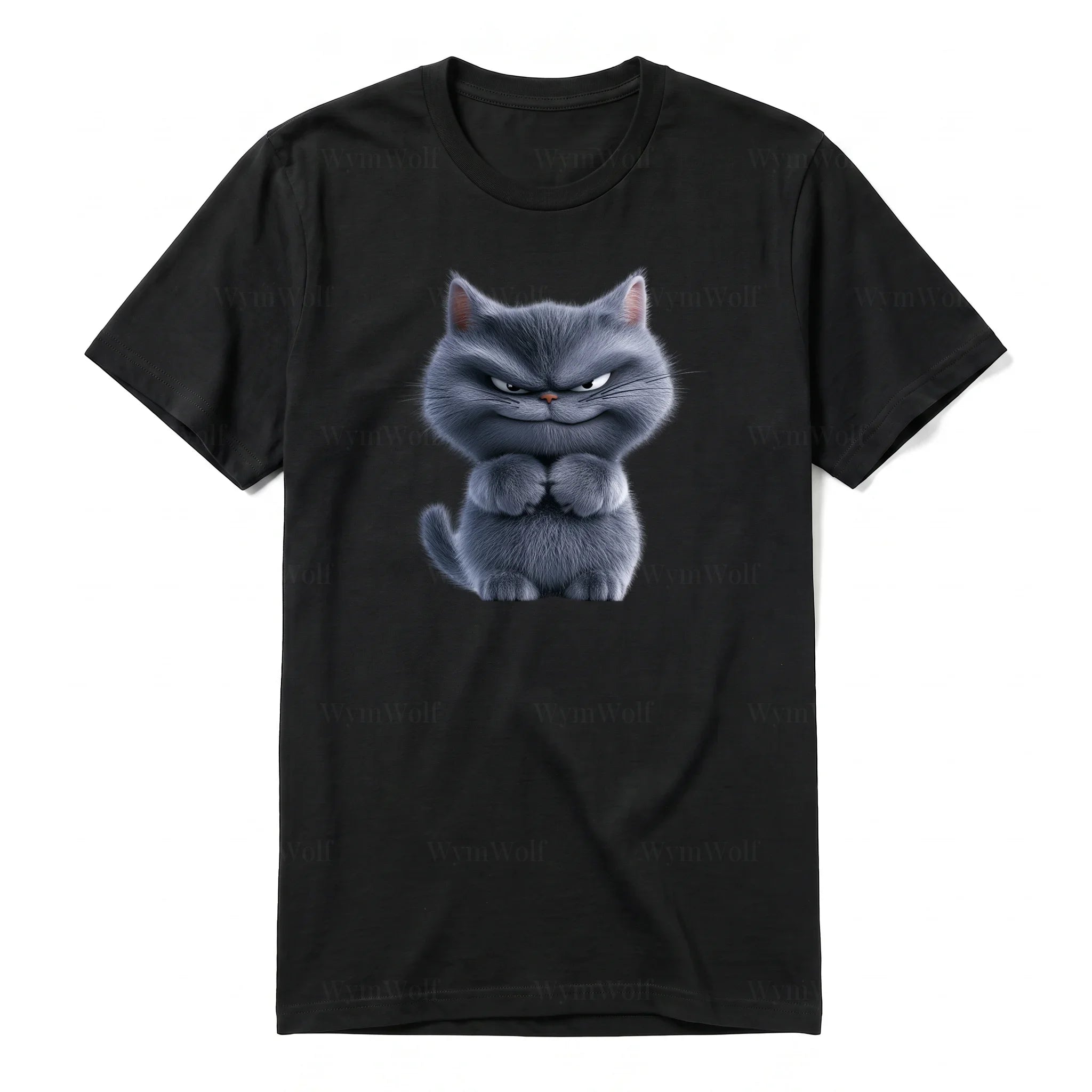 A black short-sleeve crewneck t-shirt for adult featuring a graphic of a cat on the front.