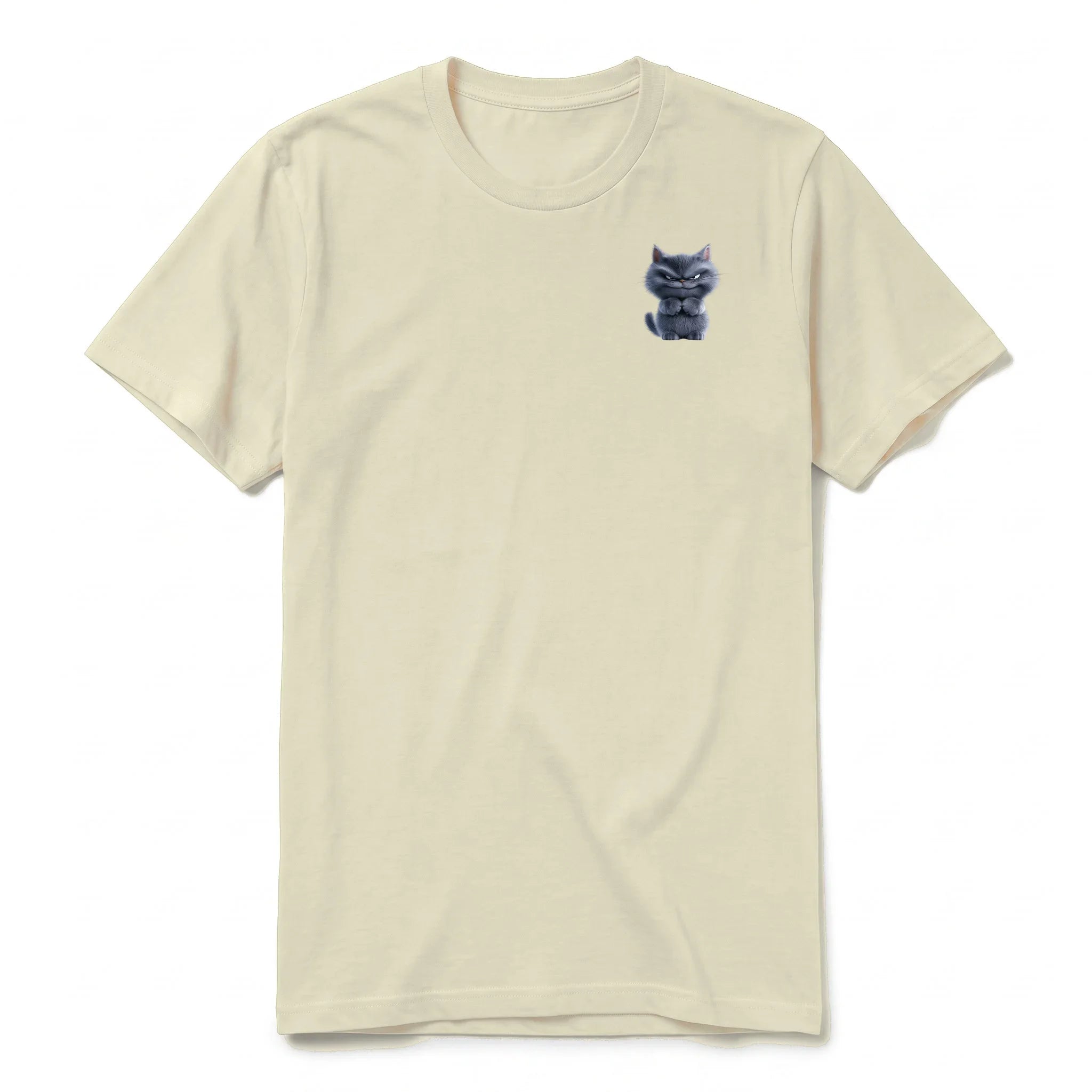Un T-shirt latte à manches courtes et col rond, orné d'un motif représentant un chat sur la poitrine gauche.