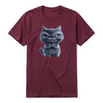 A maroon short-sleeve crewneck t-shirt for adult featuring a graphic of a cat on the front.