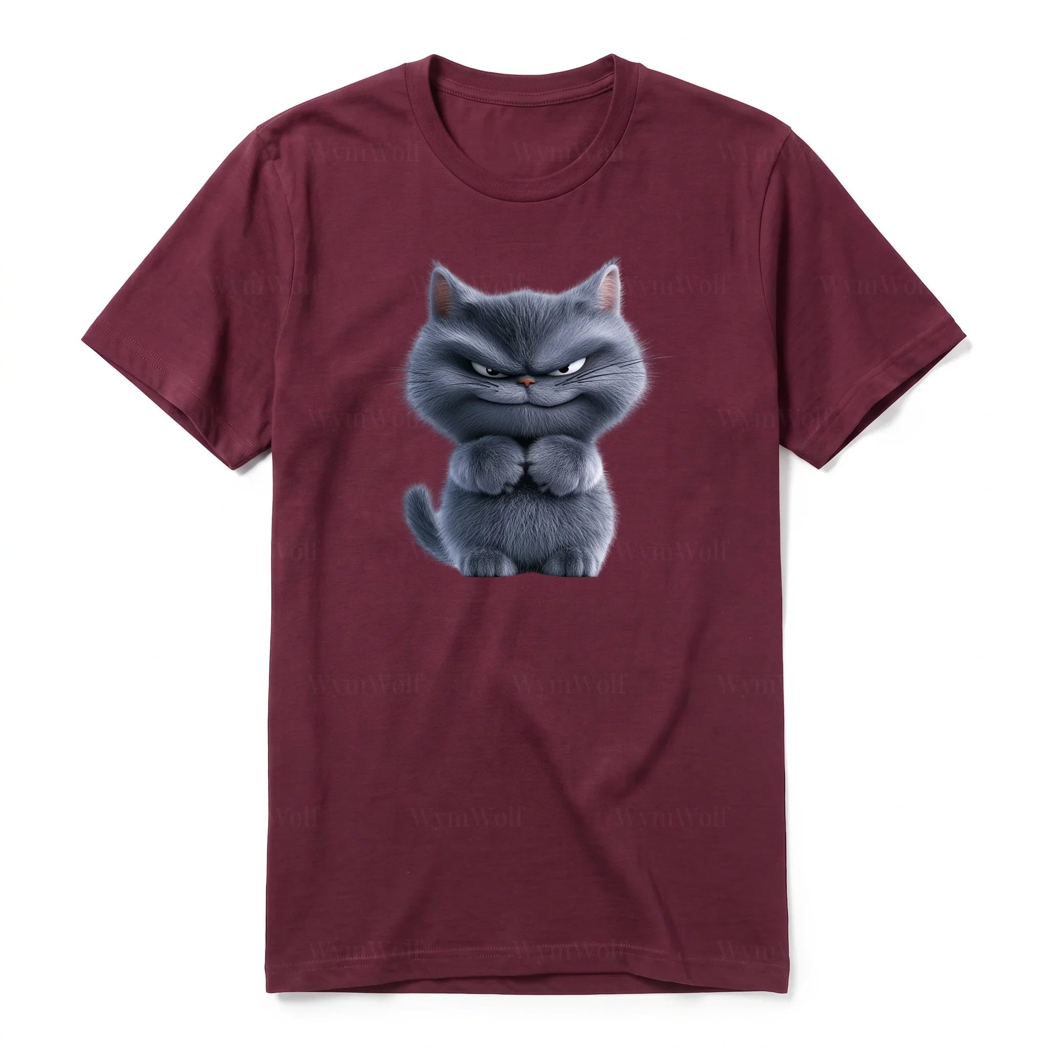 A maroon short-sleeve crewneck t-shirt for adult featuring a graphic of a cat on the front.
