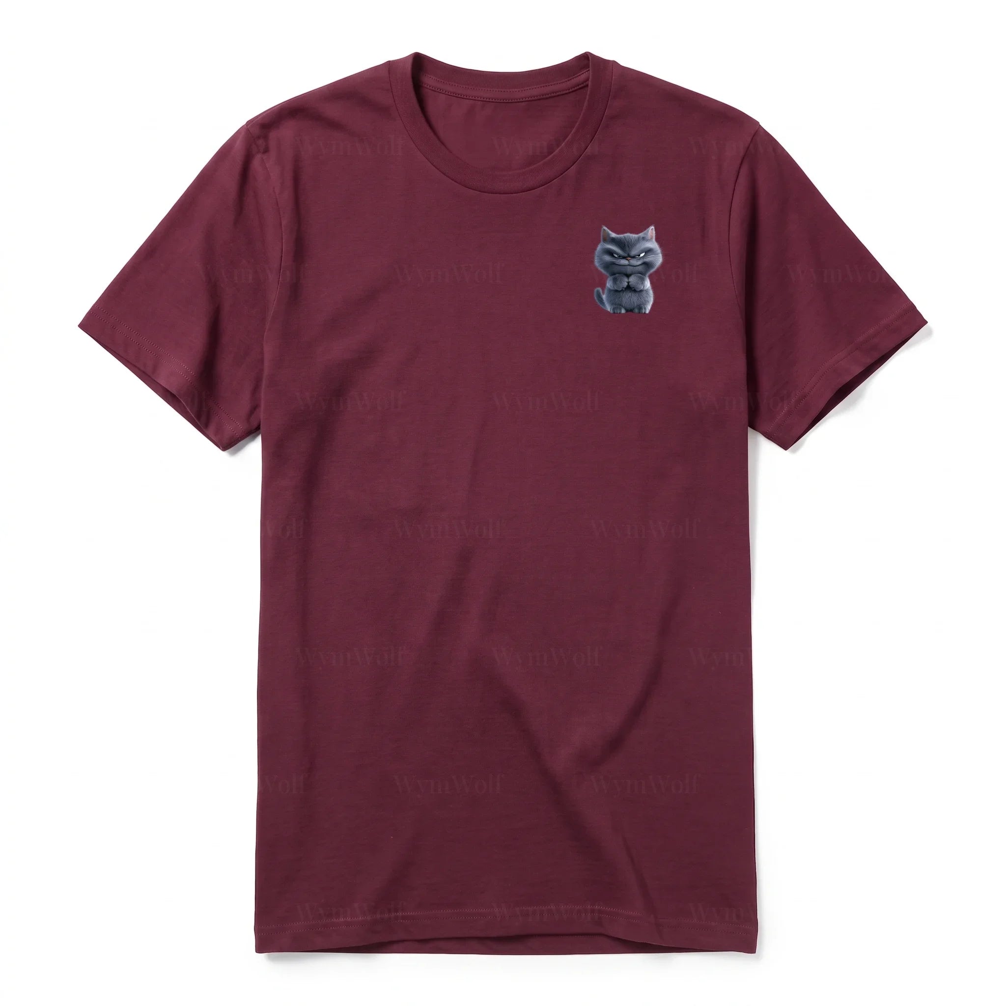 A maroon short-sleeve crewneck t-shirt for adult featuring a graphic of a cat on the left chest.