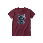 A maroon short-sleeve crewneck t-shirt for youth featuring a graphic of a cat on the front.