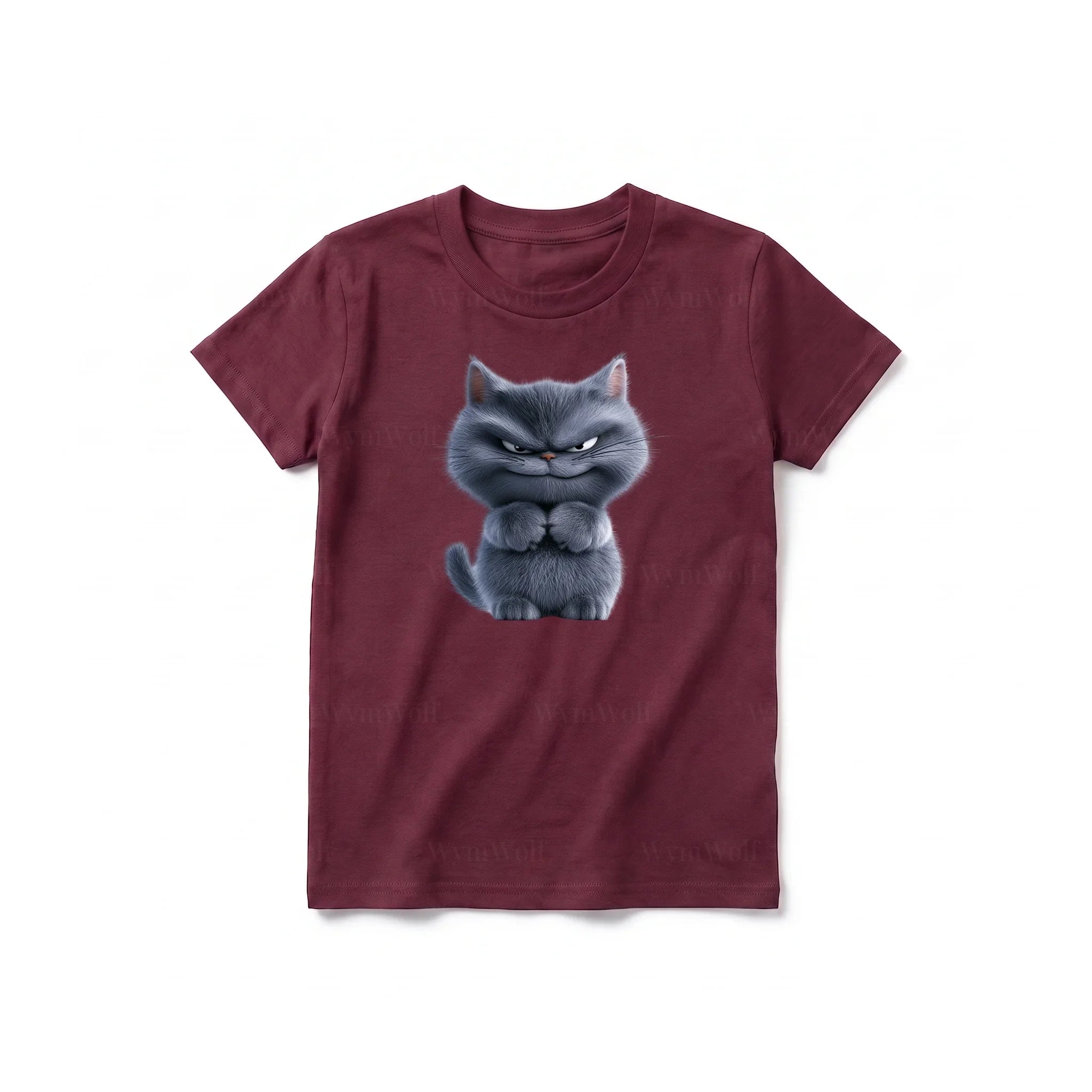 A maroon short-sleeve crewneck t-shirt for youth featuring a graphic of a cat on the front.