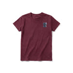 A maroon short-sleeve crewneck t-shirt for youth featuring a graphic of a cat on the left chest.