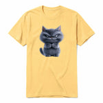 A mustard short-sleeve crewneck t-shirt for adult featuring a graphic of a cat on the front.